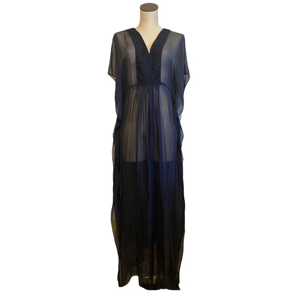Sundance sheer Navy Silk Long Kaftan Maxi dress Embroidered Mumu swim coverup